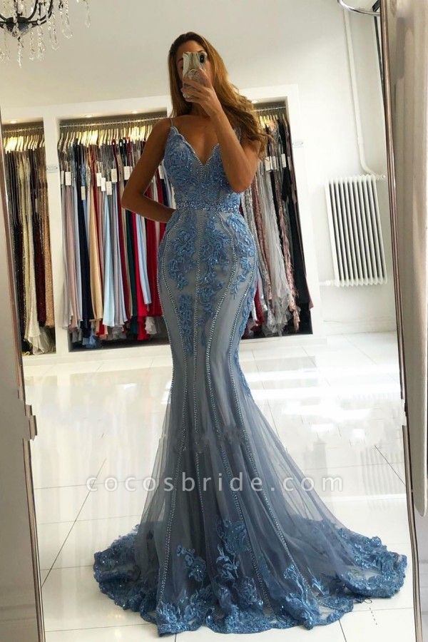 Beautiful Spaghetti Straps V-neck Appliques Lace Tulle Ruffles Backless Floor-length Mermaid Prom Dress