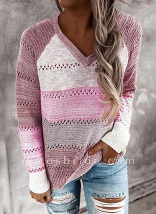 V-Neckline Color Block Casual Loose Regular Shift Sweaters