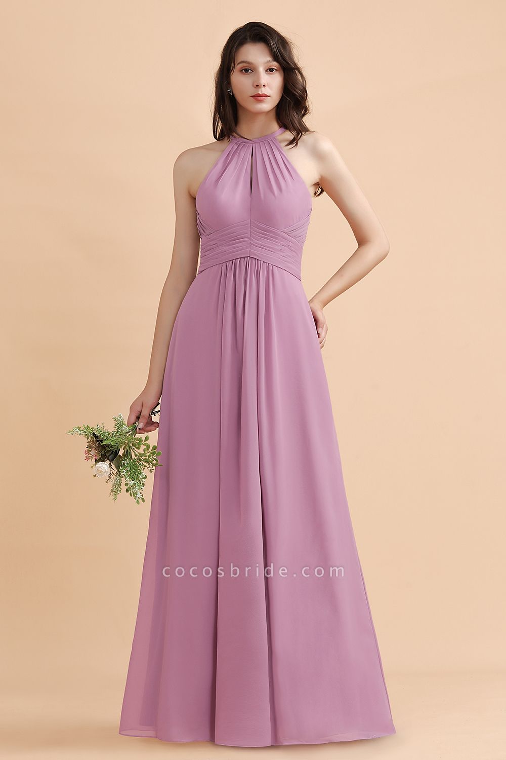 Halter Chiffon A-Line Garden Wedding Party Dress Floor-length Bridesmaid Dress
