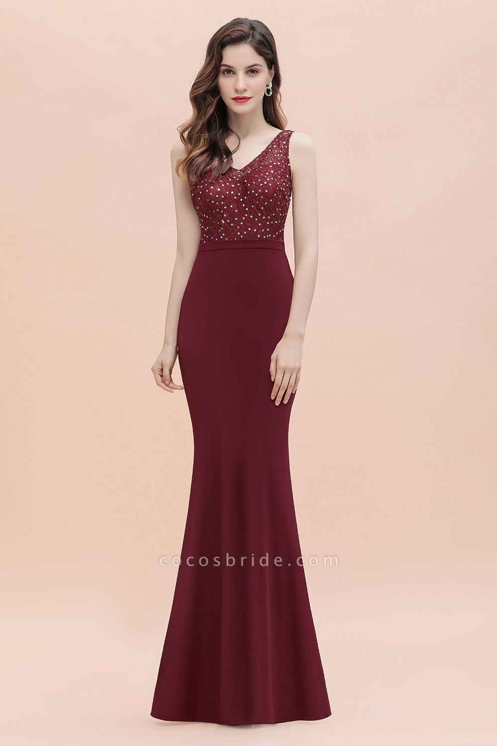 Meerjungfrau-Abendkleid mit V-Ausschnitt, Pailletten, Chiffon, schmales Partykleid