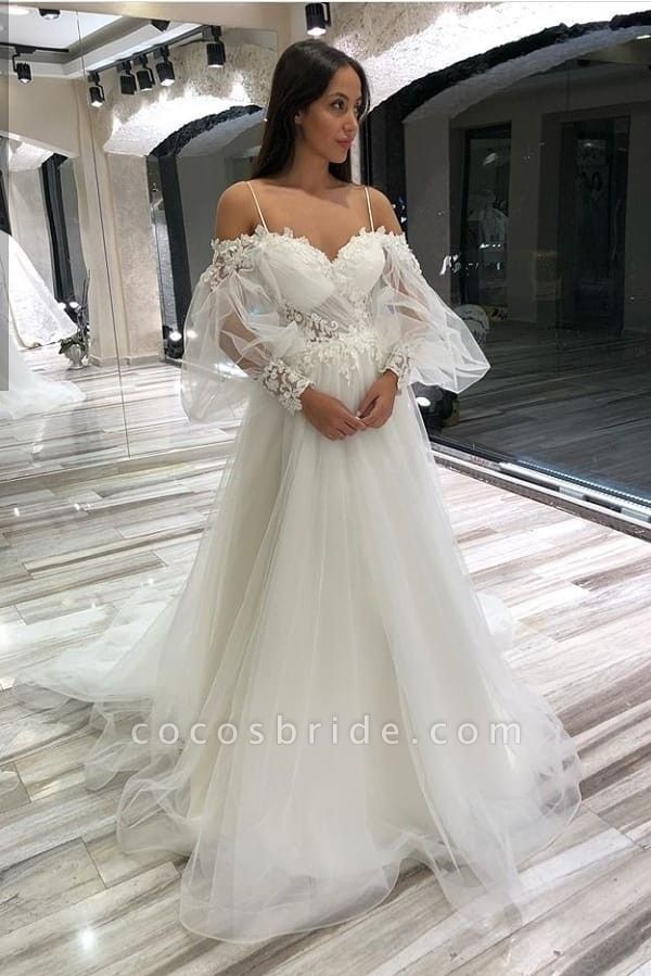 Classy A-Line Off-the-Shoulder Sweetheart Long Sleeve Spaghetti Straps Appliques Lace Tulle