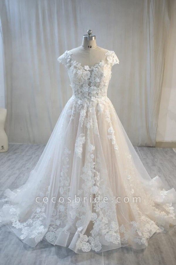 Elegant A-Line Bateau Backless Appliques Lace Tulle Floor-length Wedding Dress