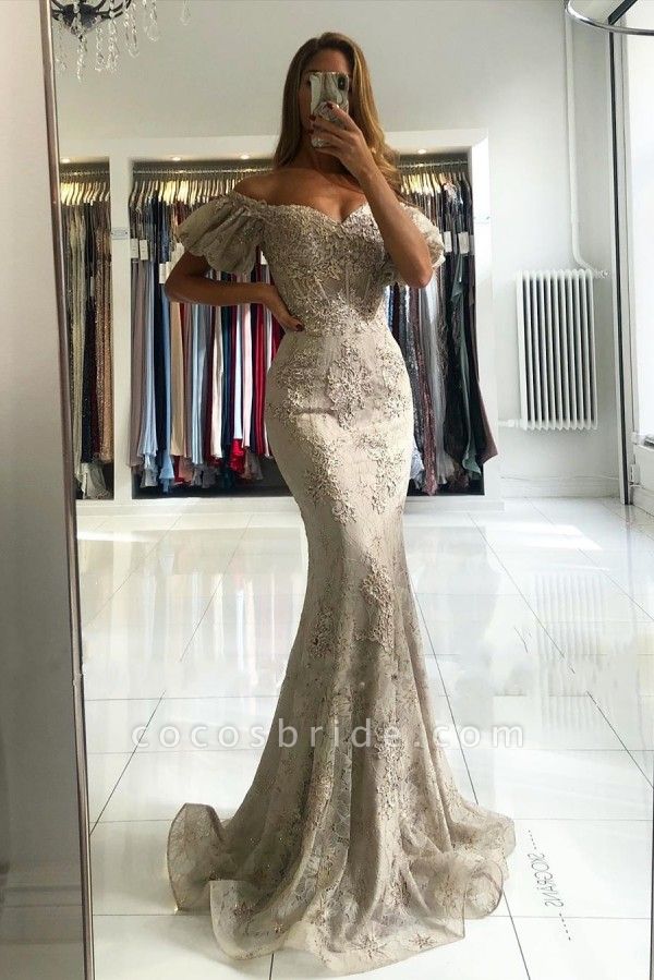 Stunning Long Mermaid Off-the-shoulder Lace Prom Dress with Puffy Sleeves
