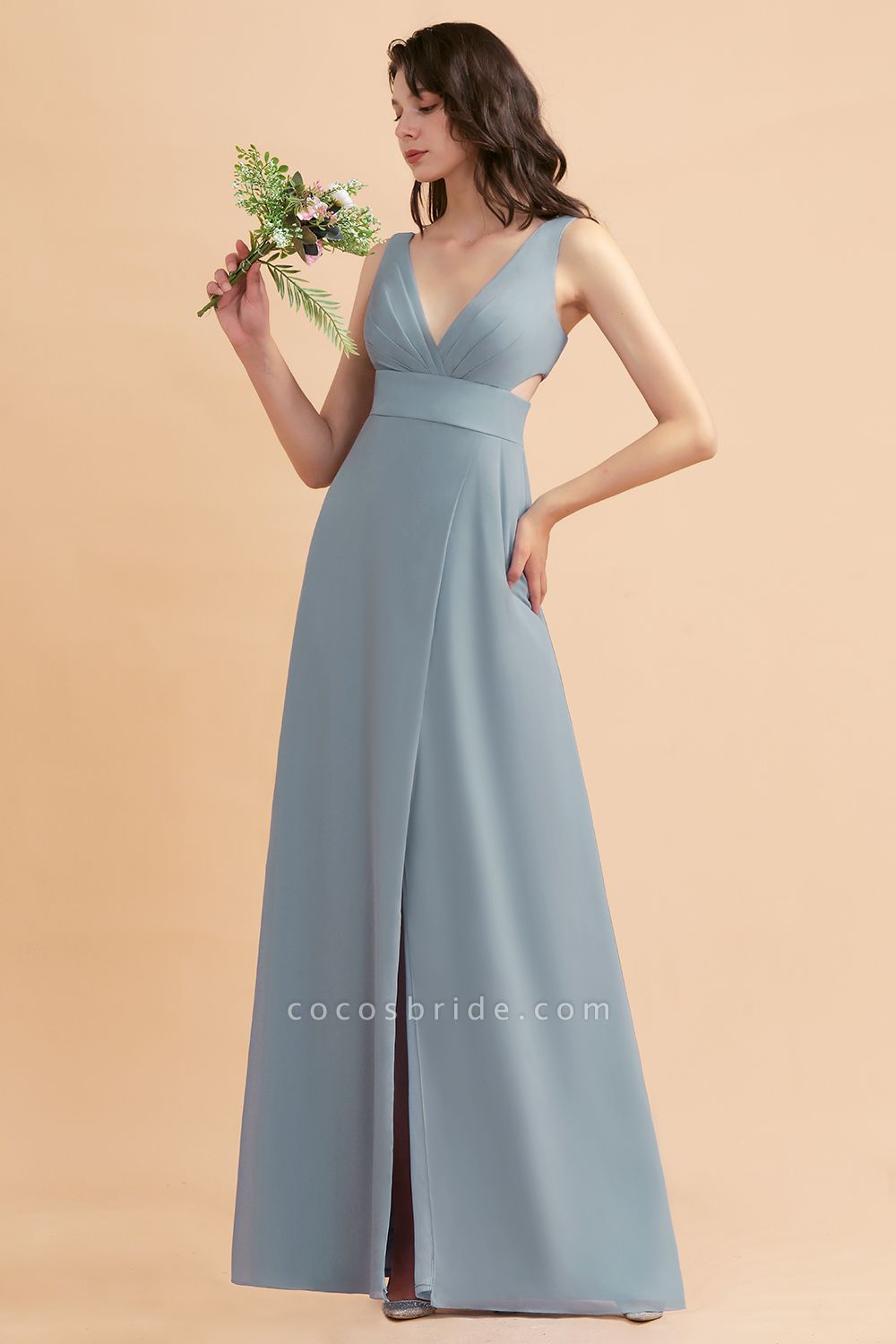 Simple V-neck A-Line Wide Straps Floor-length Chiffon Bridesmaid Dress With Side Slit