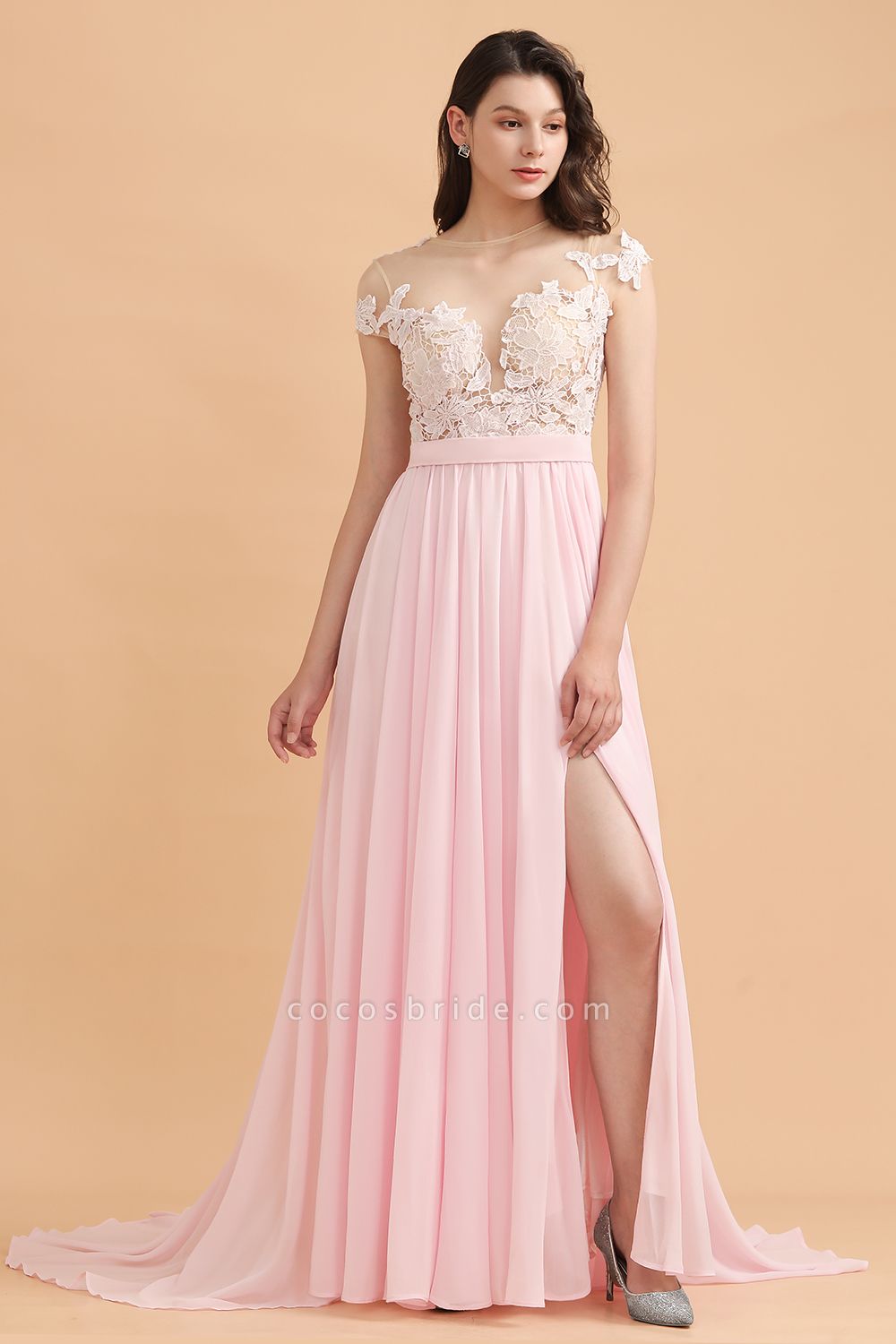 Cap Sleeves Lace Appliques A-Line Chiffon Bridesmaid Dress With Side Slit