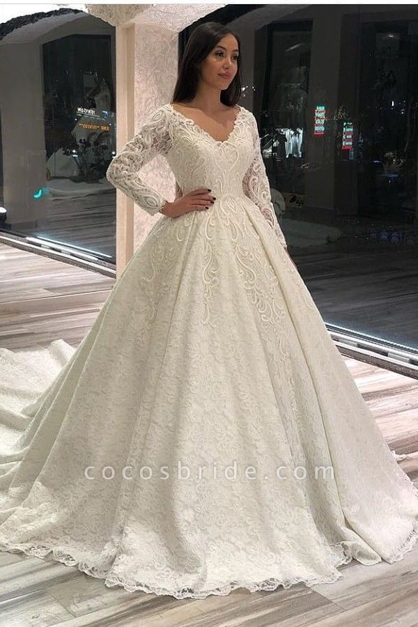 Vintage A-line Deep V-neck Long Sleeve Appliques Lace Floor-length Wedding Dress