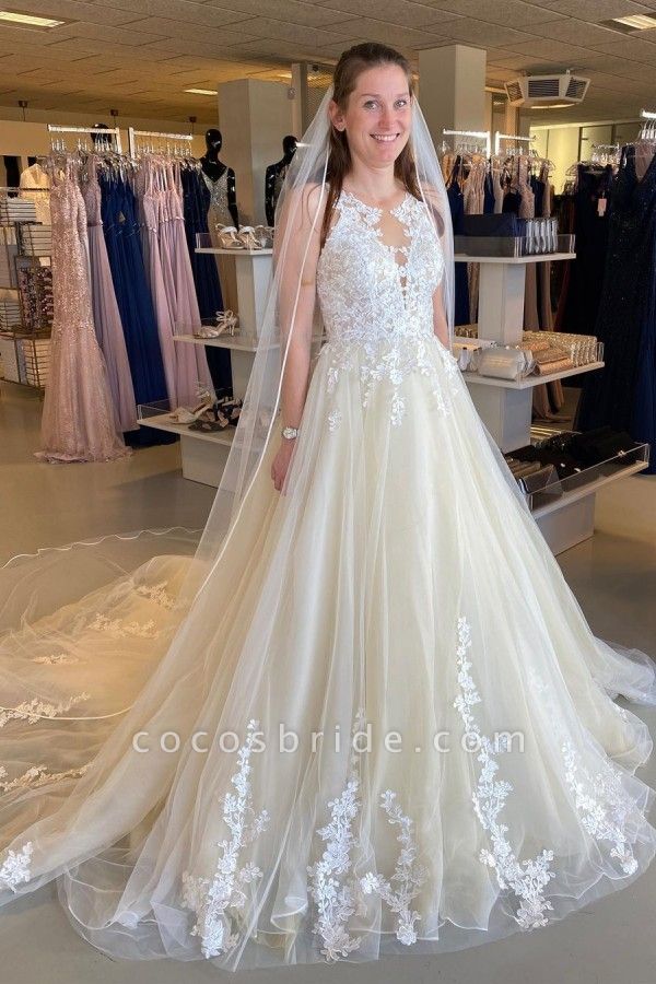 Classy Bateau Appliques Lace Floor-length Tulle Ruffles Backless A-Line Wedding Dress