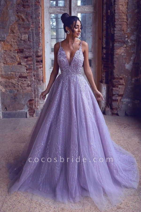 Gorgeous A-Line Tulle V-neck Spaghetti Straps Appliques Lace Crystal Train Backless Prom Dress