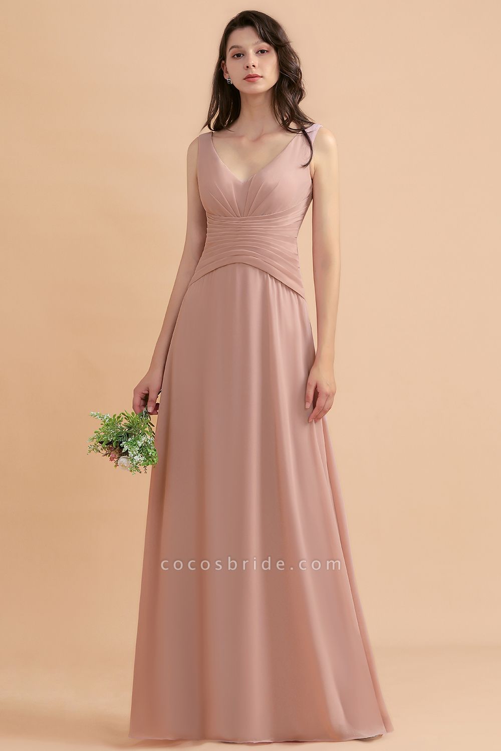 A-Line Chiffon Bridesmaid Dress V-neck Backless Floor-length Maid of Honor Dress