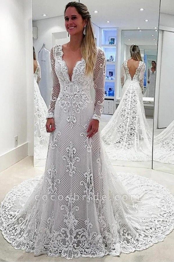 Elegant A-Line Deep V-neck Backless Appliques Lace Long Sleeve Pearl Wedding Dress