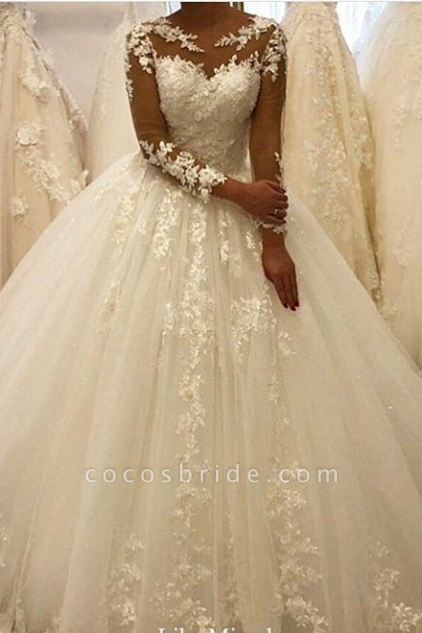 Elegant A-Line Bateau Long Sleeve Appliques Lace Ruffles Tulle Wedding Dress