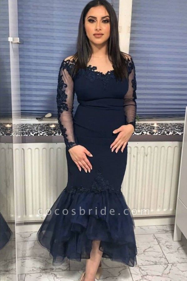 Elegant Bateau Long Sleeve Appliques Lace Tea-length Mermaid Prom Dress