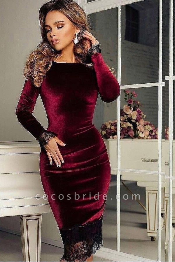 Elegant Short Velvet Mermaid Bateau Prom Dress with Sleeves