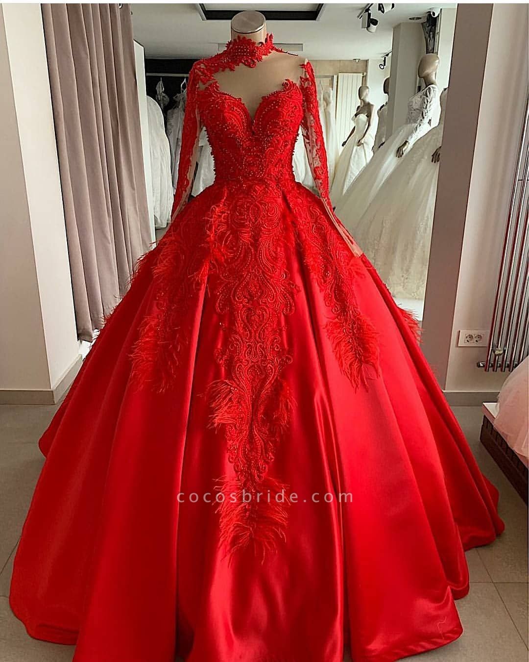 Dignified Red Sweetheart Long Sleeve Appliques Lace Ball Gown Prom Dresses