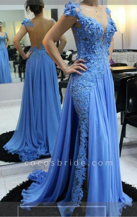 Pretty Bateau Lace Floor-length A-Line Backless Prom Dress With Ruffles