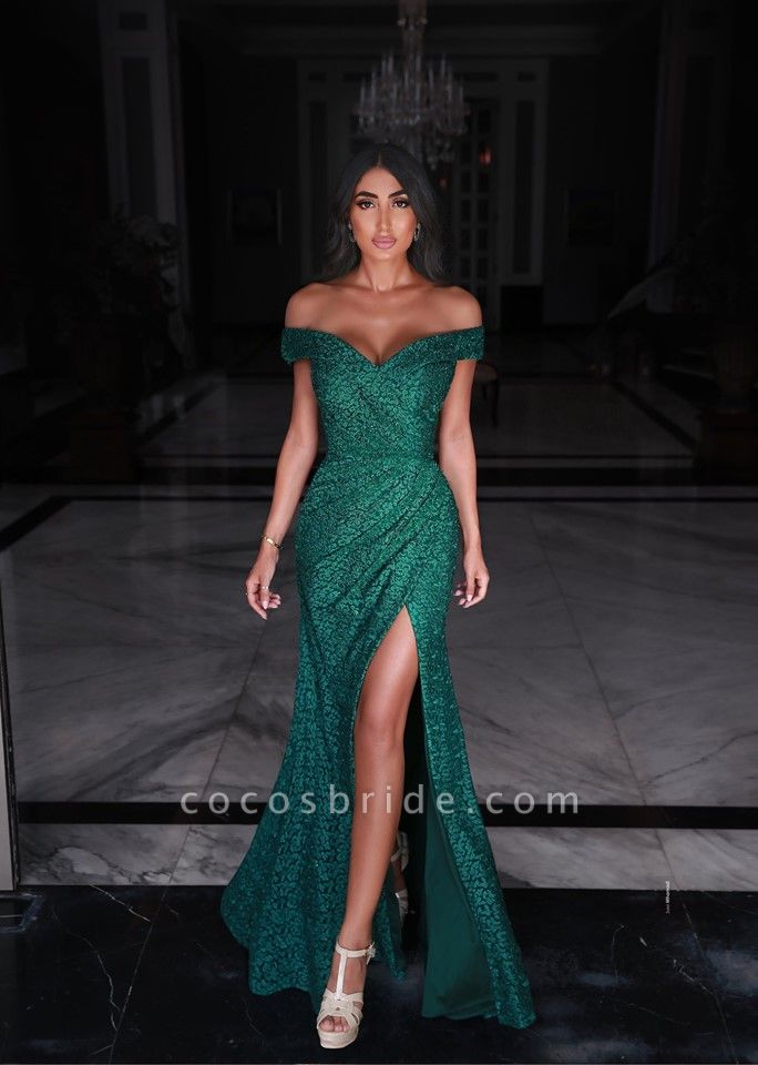 Fabulous Green Sweetheart Off-the-shoulder A-Line Prom Dresses with Slit