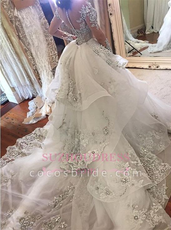 Glamouröse Brautkleider mit langen Ärmeln, Tüll, Stehkragen, Applikationen und abnehmbarem Überrock