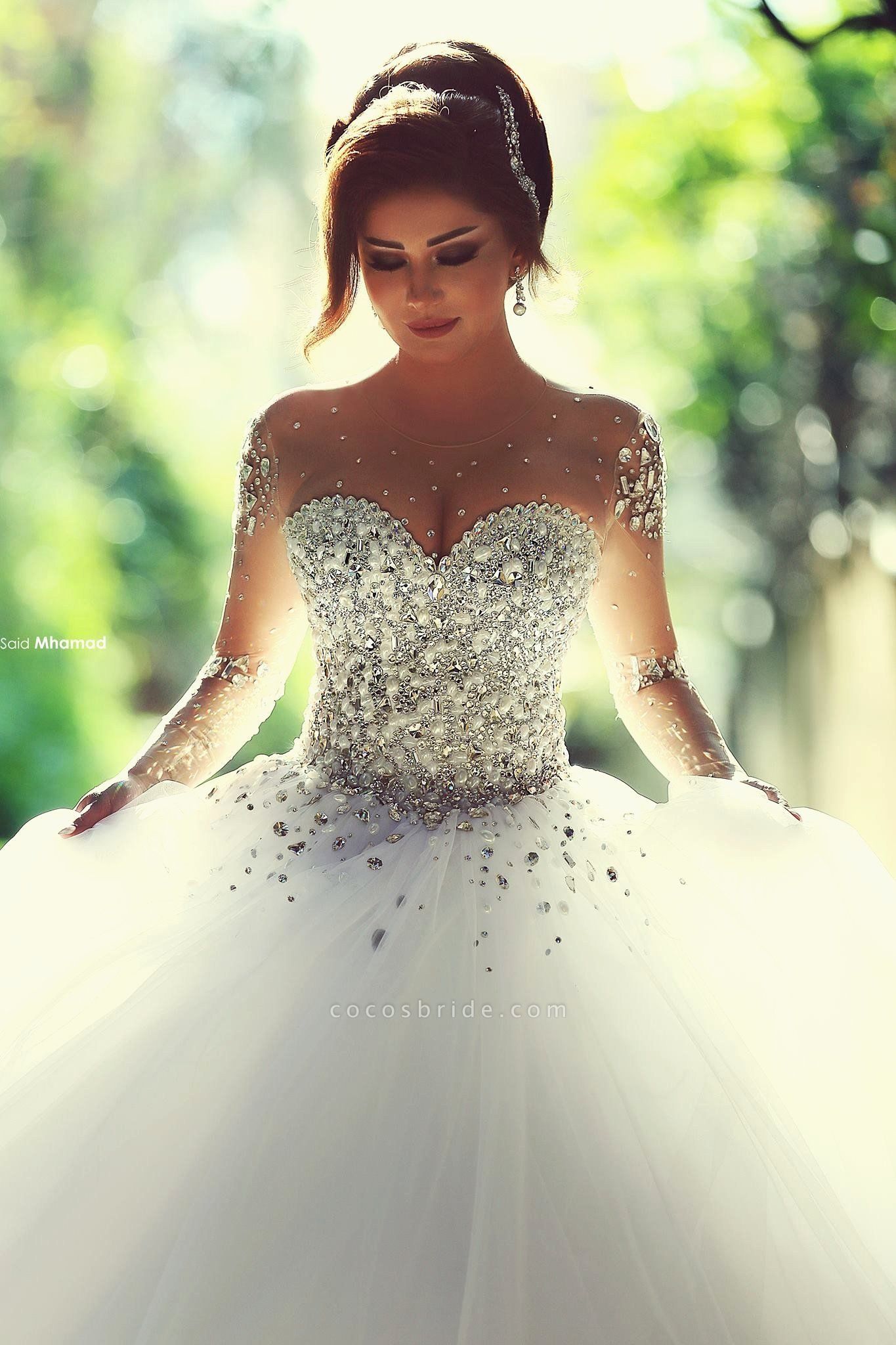 Luxury Long Sleeves Crystals Beading Ball Gown Wedding Dresses