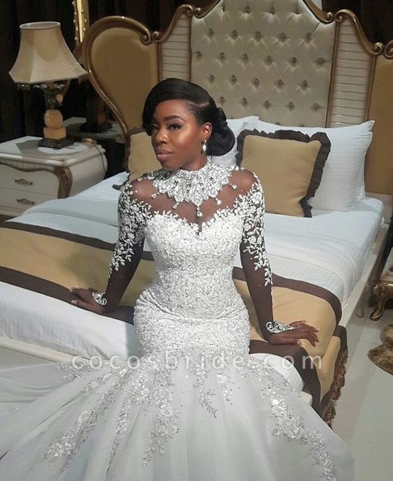 Gorgeous Mermaid Beads Lace Appliques High Neck Wedding Dress