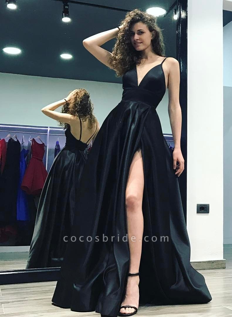 Stylish Black Spaghetti Straps V-neck A-Line Floor-length Prom Dress With Side Slit