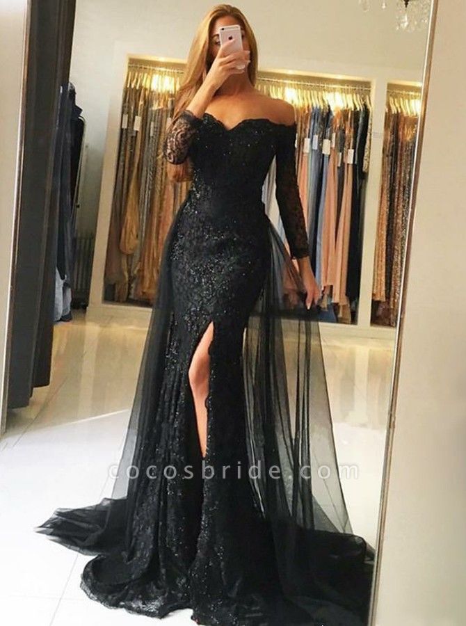 Long Mermaid Off-the-shoulder Lace Front slit Prom Dress with sleeves