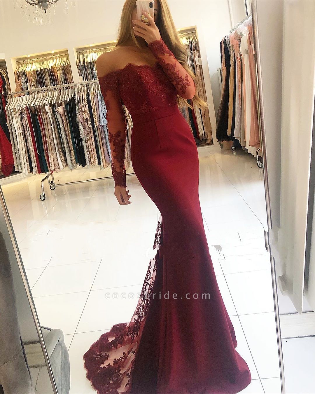 Dignified Red Strapless Long Sleeve Transparent Lace Mermaid Prom Dresses