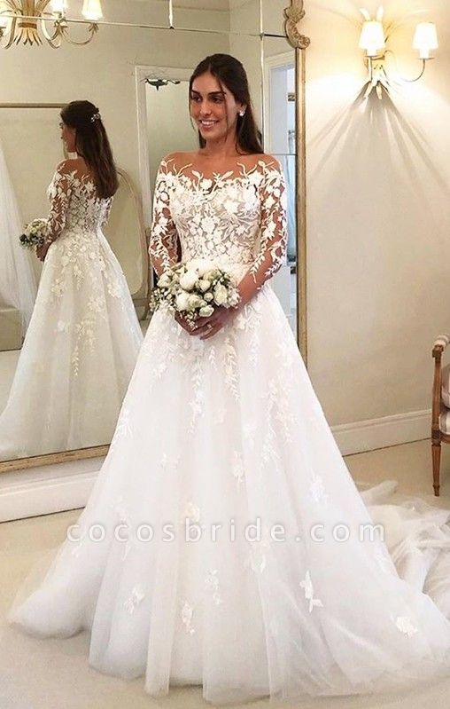 Long A Line Tulle Floral Lace Appliques Wedding Dresses With Sleeves