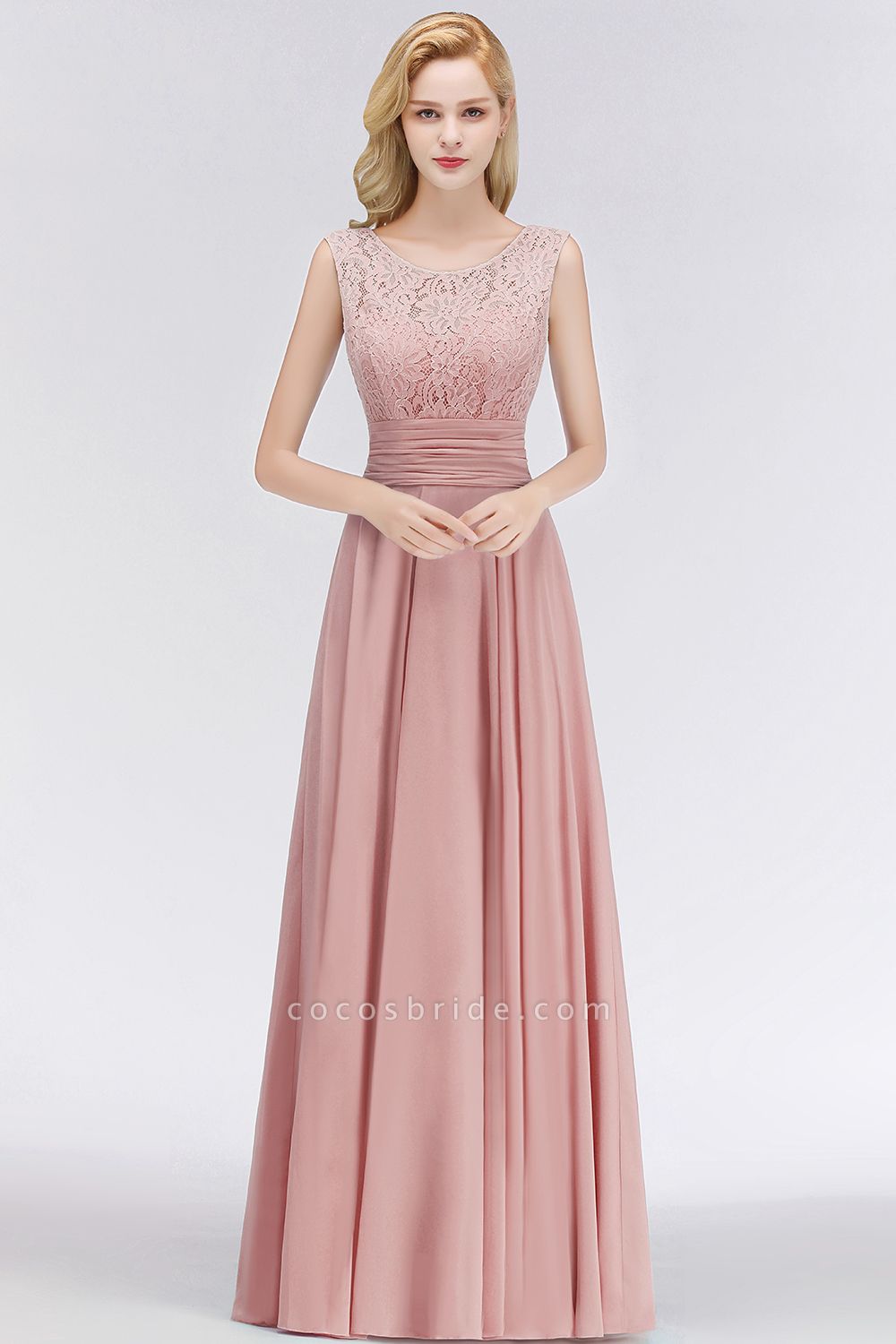 A-line Lace Top Sleeveless Chiffon Floor Length Bridesmaid Dress