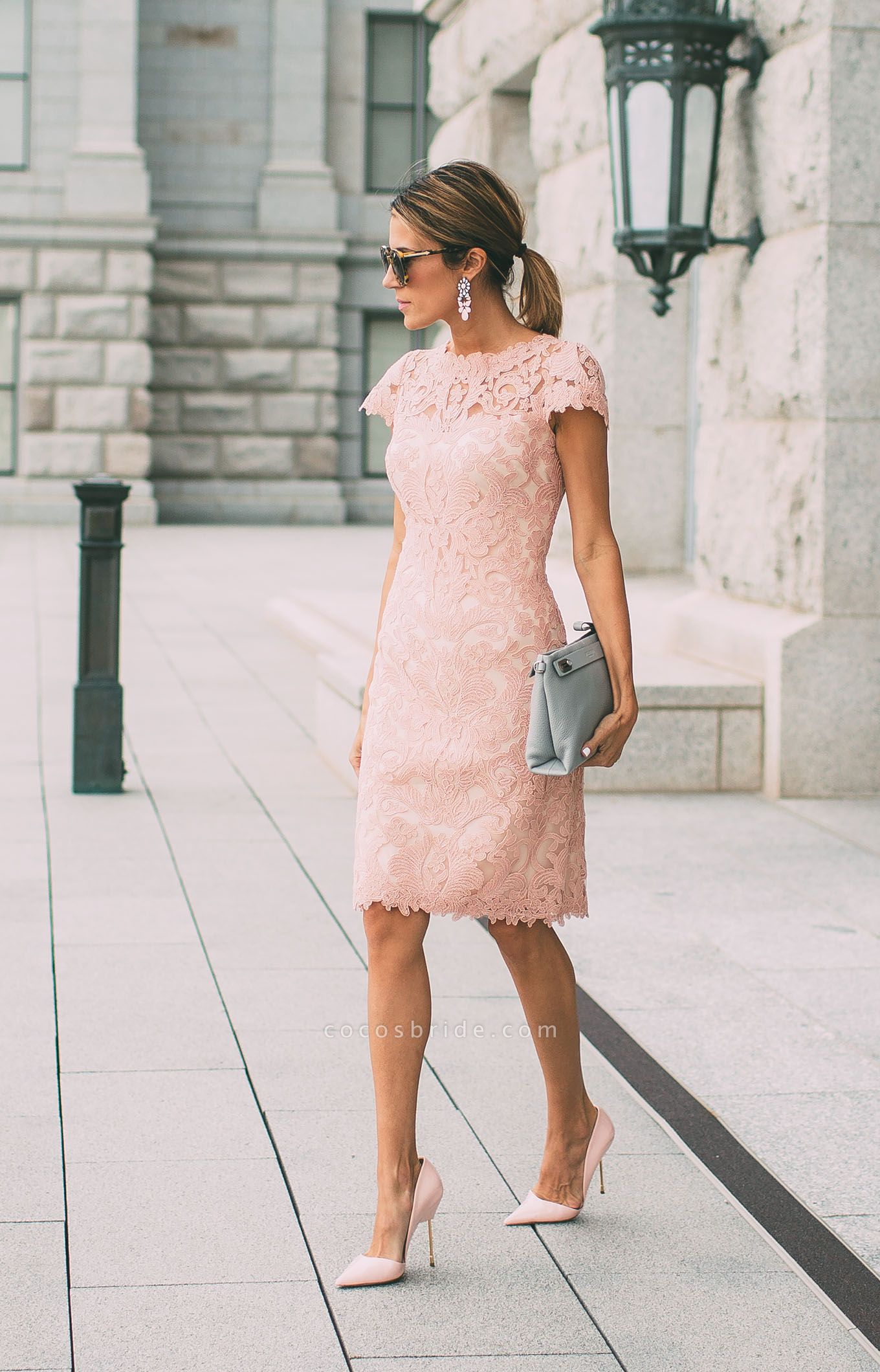 Classic Pink Short Sheath Lace Prom Dress with Sleeves