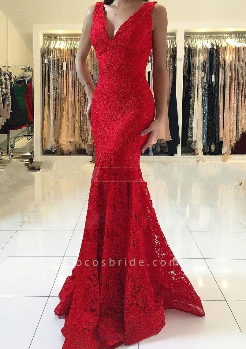 Glamorous Red Long Mermaid Deep V-neck Lace Prom Dress