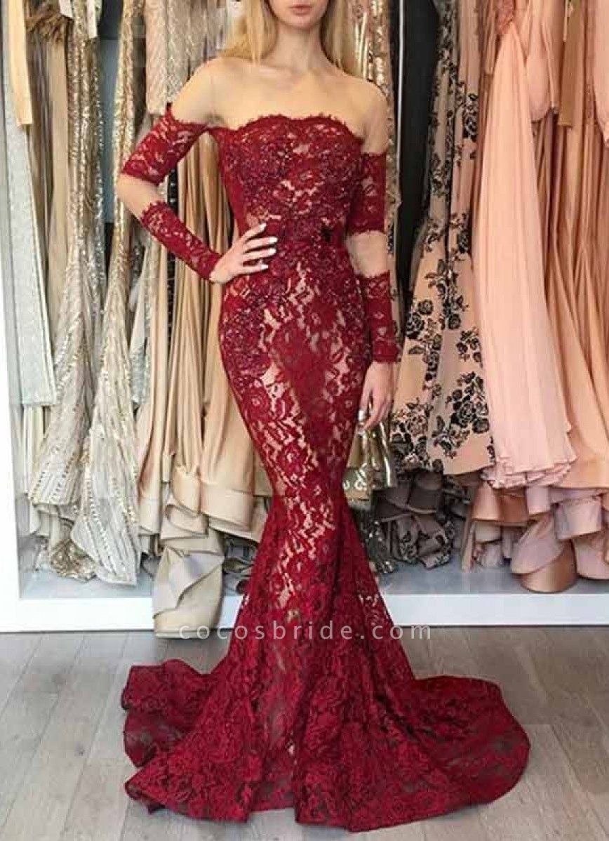 Amazing Off-the-shoulder Long Sleeves Lace Mermaid Floor-length Prom Dress