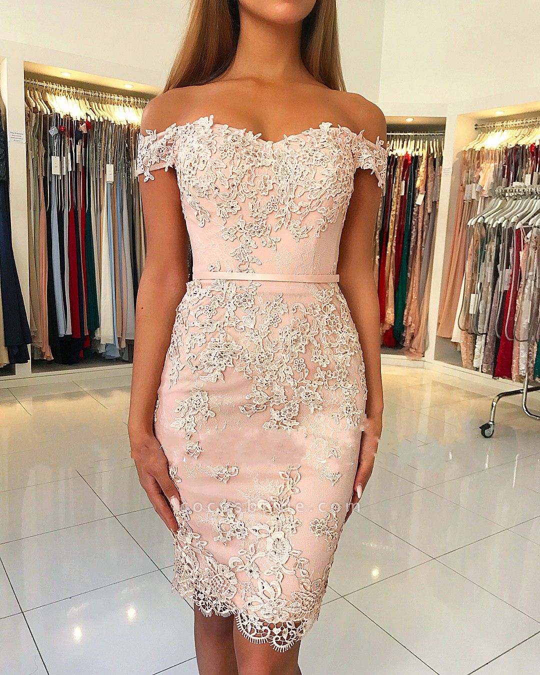 Classy Off-the-shoulder Knee-length Sheath Prom Dress With Appliques Lace