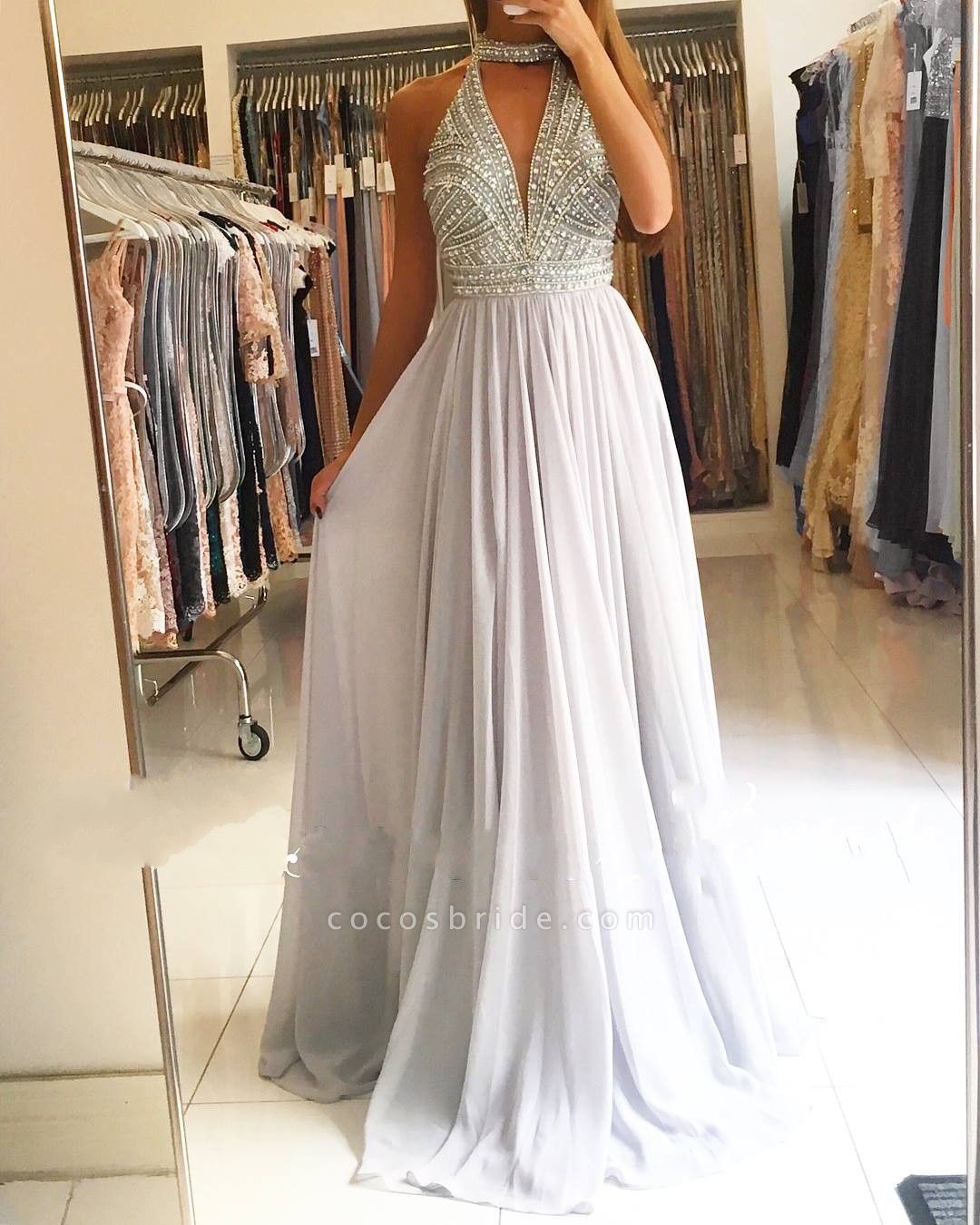 Elegant Halter Keyhole Beading A-Line Ruffles Floor-length Prom Dress