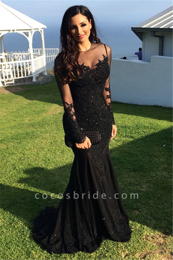 Long Mermaid Black Tulle Applique Lace Prom Dresses with Sleeves