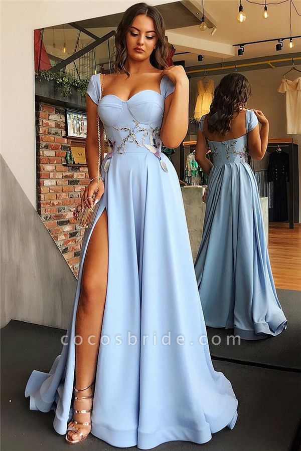 Long A-line Open Back Cap Sleeves Prom Dresses with Slit