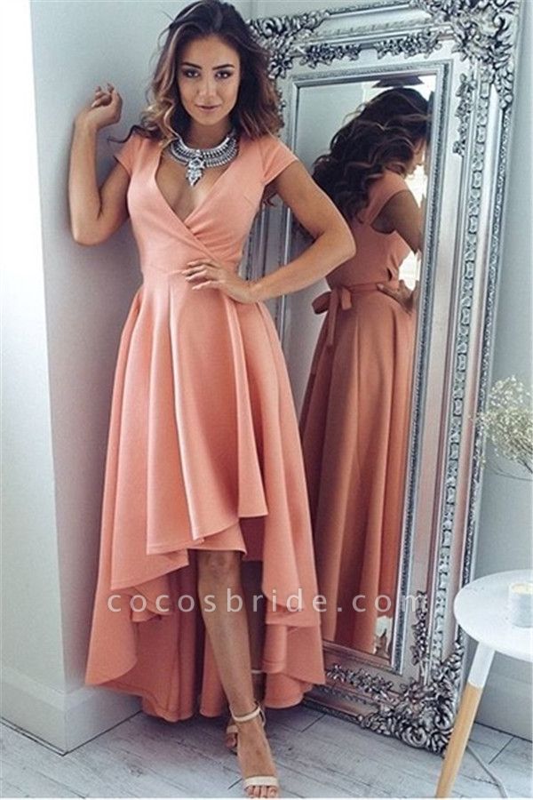 High Low A-line V-neck Prom Dresses With Sleeves