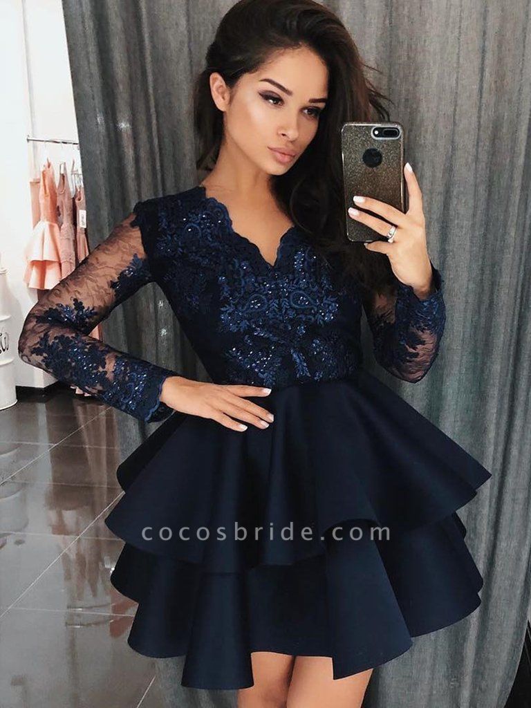 Fashion  Short A-line V-neck Lace Prom Dresses with Sleeves