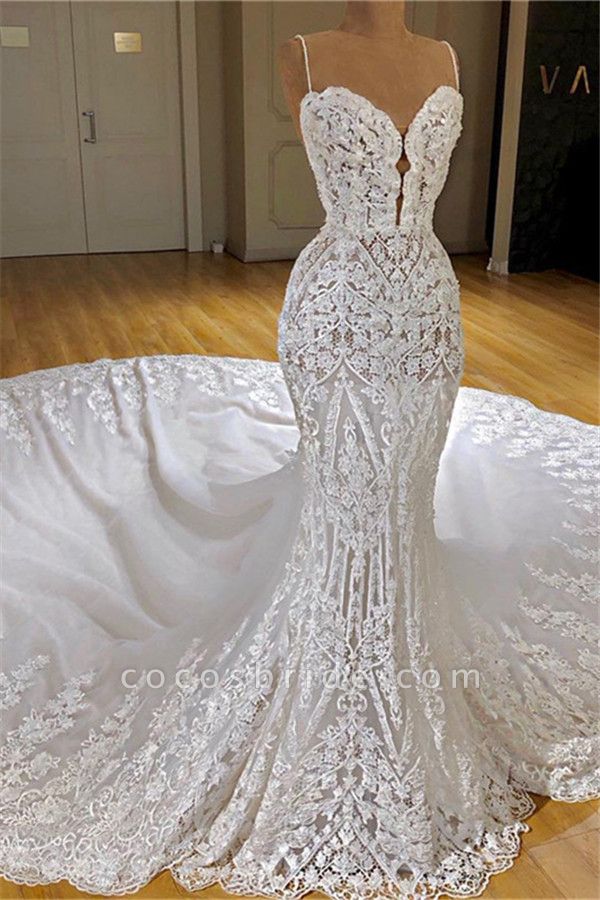 Atractive Spaghetti Straps Appliques Lace Mermaid Wedding Dress With ...