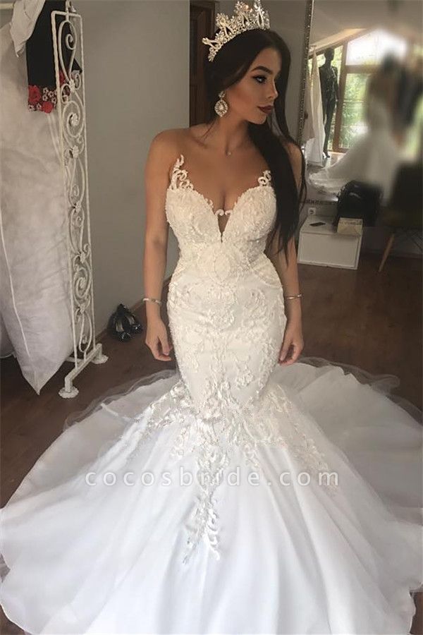 Gorgeous White Long Sleeve Mermaid Wedding Dress With Train | Cocosbride