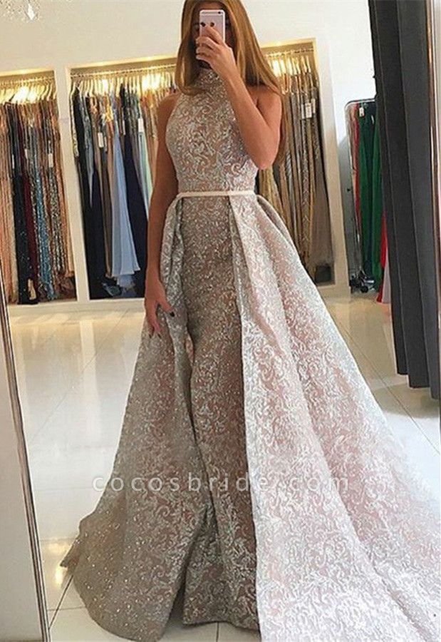 Gorgeous High Neck Sequins Mermaid Prom Dress With Detachable Train