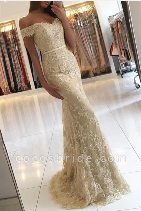 Chic Appliques Lace Off-the-shoulder Floor-length Tulle Mermaid Prom Dress