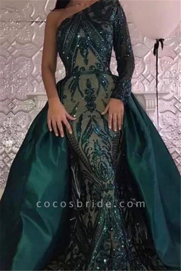Long Sleeves Mermaid One Shoulder Sequins Prom Dress with Overskirt