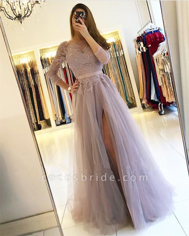 Chic Bateau Long Sleeve Lace A-Line Tulle Floor-length Prom Dress With Side Slit