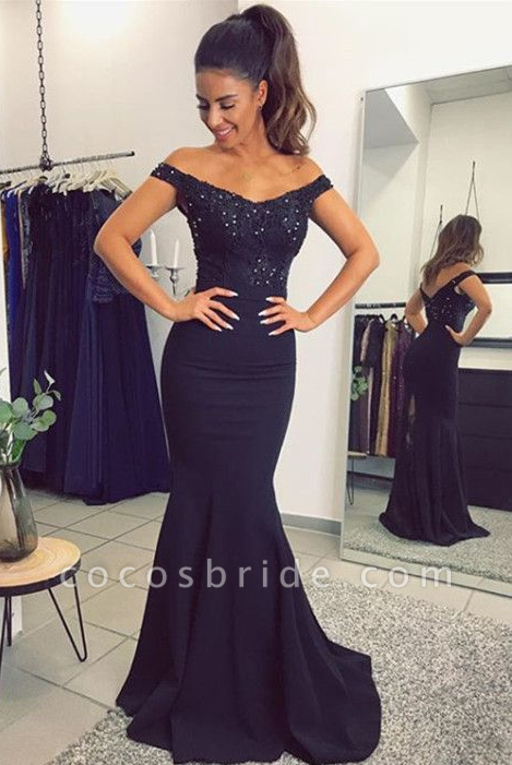 Chic Off-the-shoulder Floor-length Mermaid Prom Dress With Floral Lace
