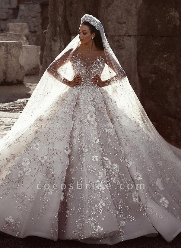 Beading Floral Sheer Neck Long Sleeves Ball Gown Wedding Dresses