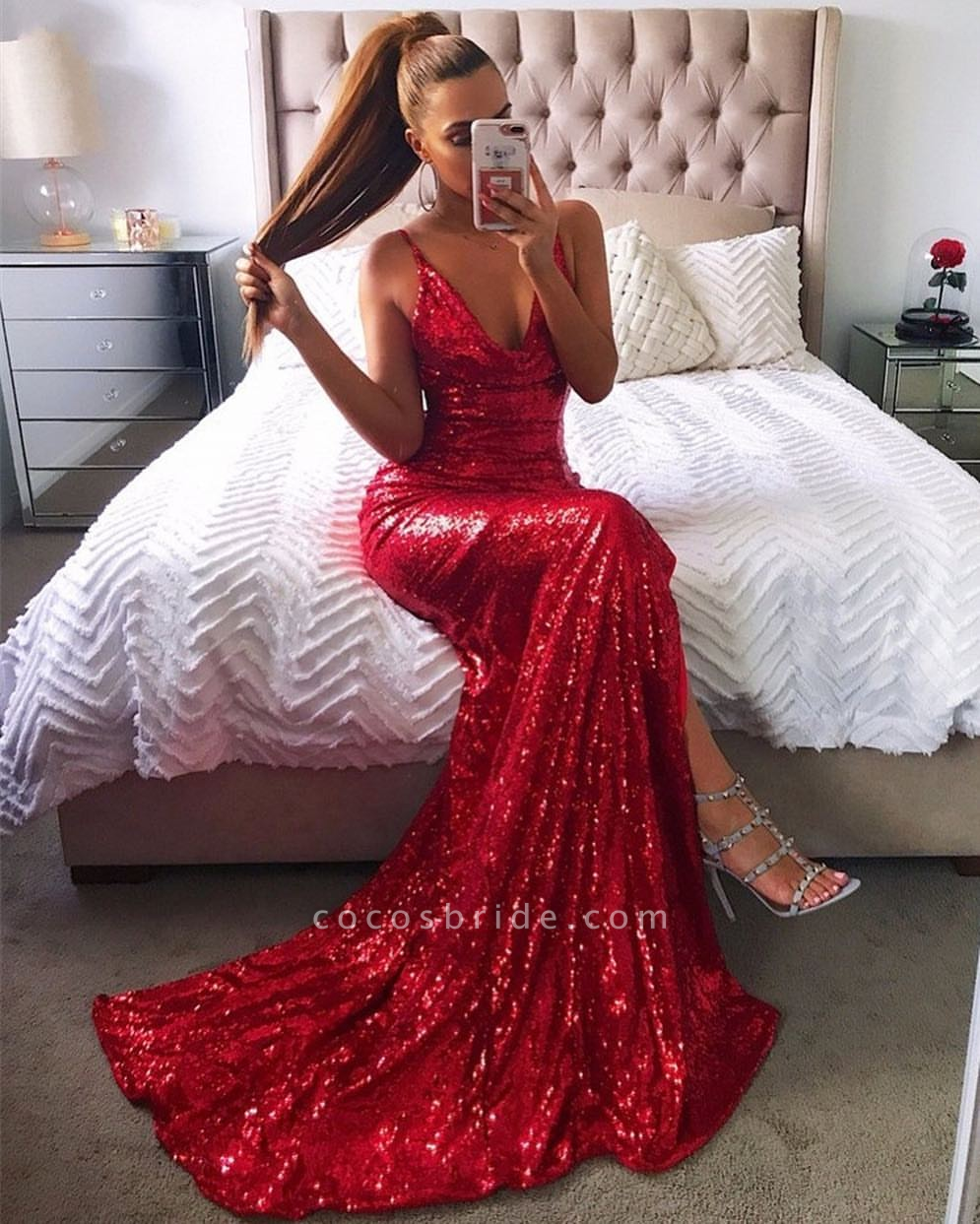 sammensværgelse lidenskabelig Megalopolis Simple Red Long Mermaid V-neck Sequin Backless Prom Dress with Slit |  Cocosbride
