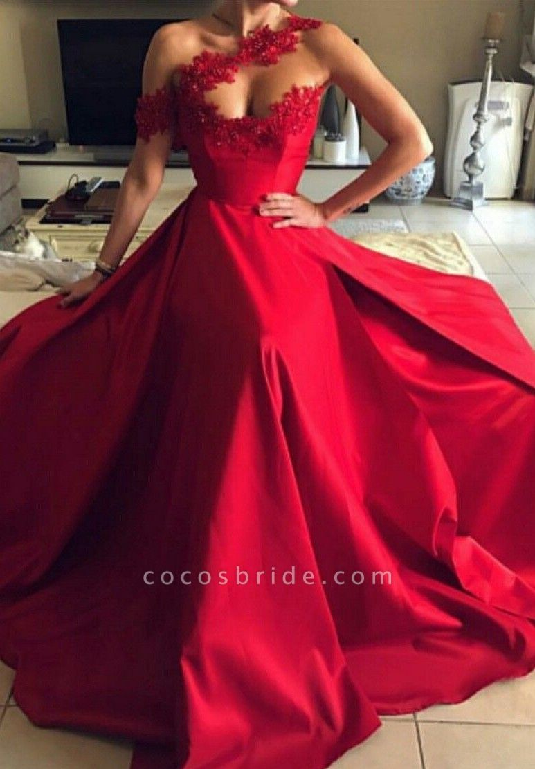 Classy Red One Shoulder Sweetheart A-Line Prom Dresses