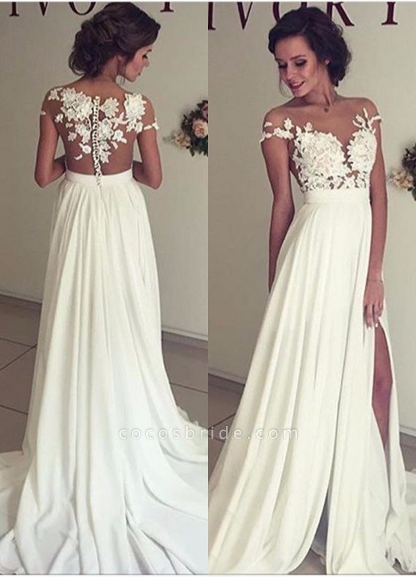 Elegant A-Line Chiffon Appliques Lace Ruffles Wedding Dress With Side Slit