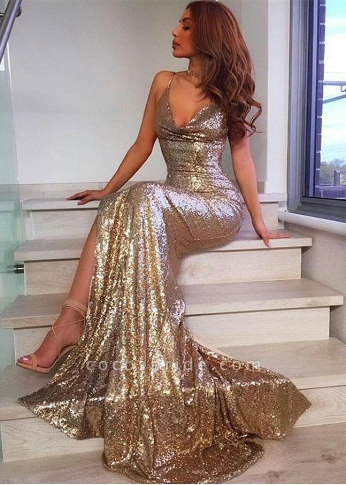 Sexy Long Mermaid V-neck Open Back Sequins Prom Dress with Slit