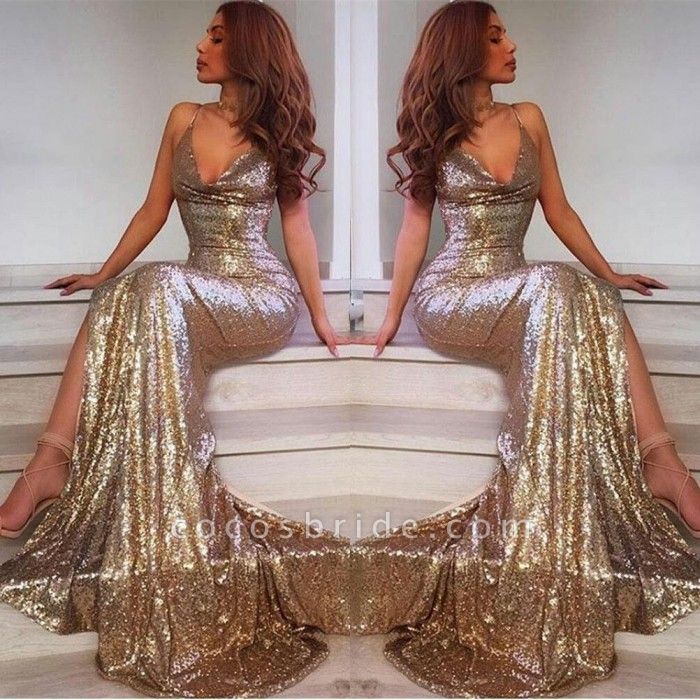Sexy Long Mermaid V-neck Open Back Sequins Prom Dress with Slit ...